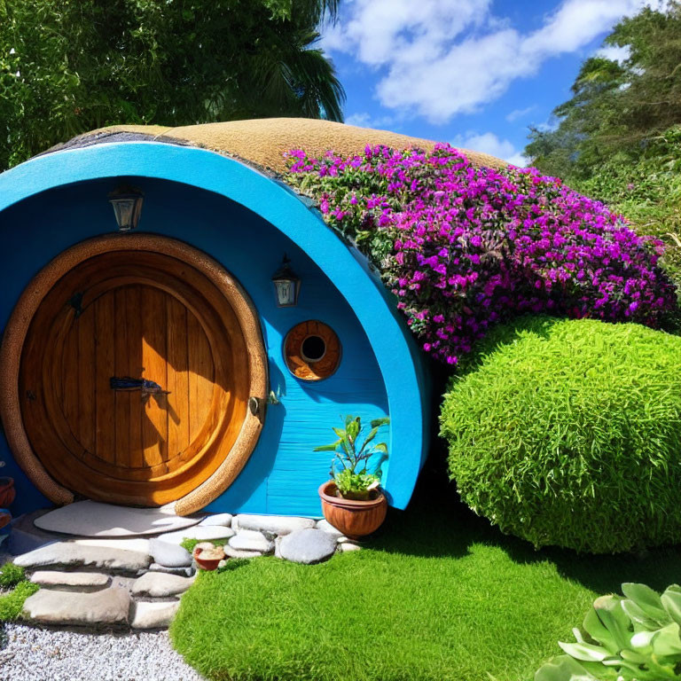 Circular wooden door, blue walls, lush green roof with purple flowers - vibrant hobbit-style house in