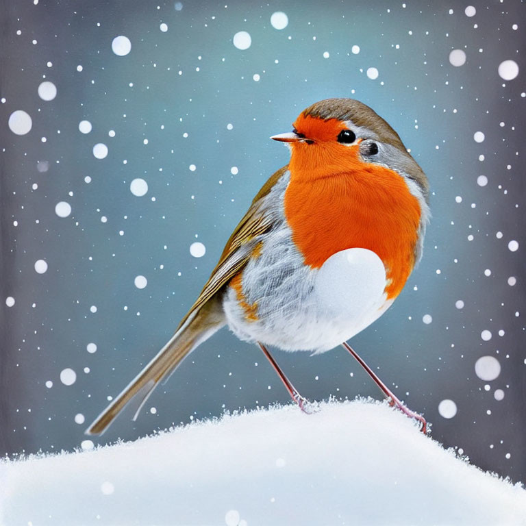 Colorful robin in snowfall on blue background