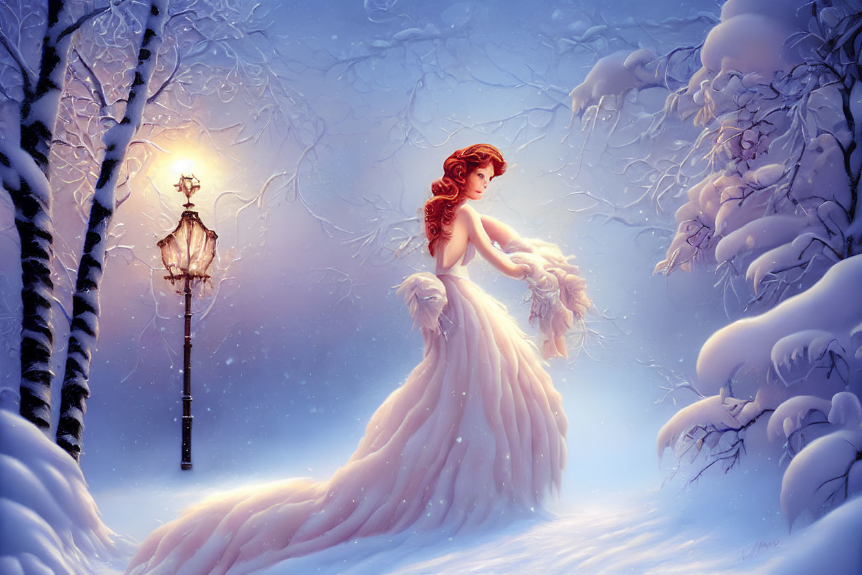 Woman in elegant gown in snowy landscape with lamp post and snow-covered trees under twilight sky