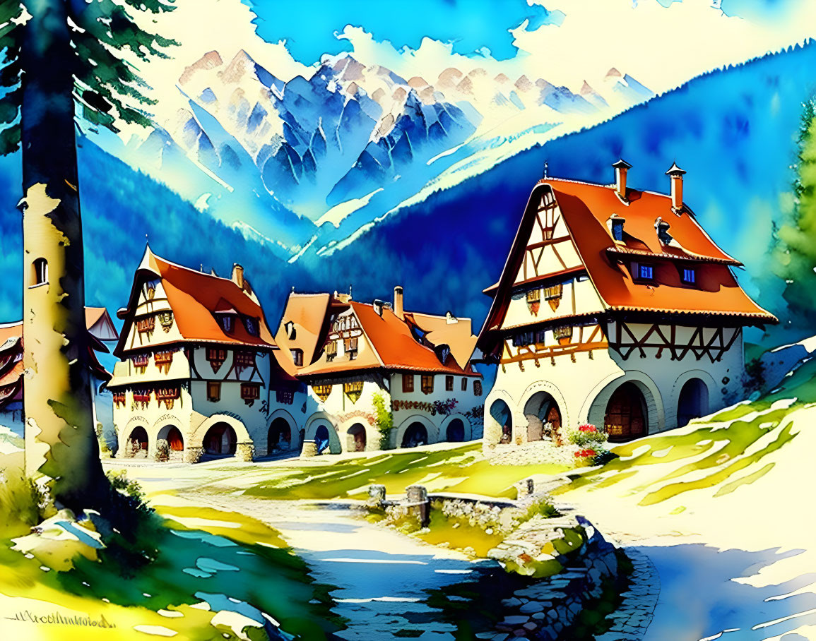 Traditional half-timbered houses in idyllic mountain village