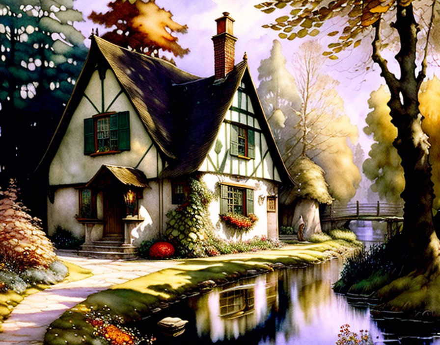 Tranquil Thatched Cottage by Serene Pond in Autumn