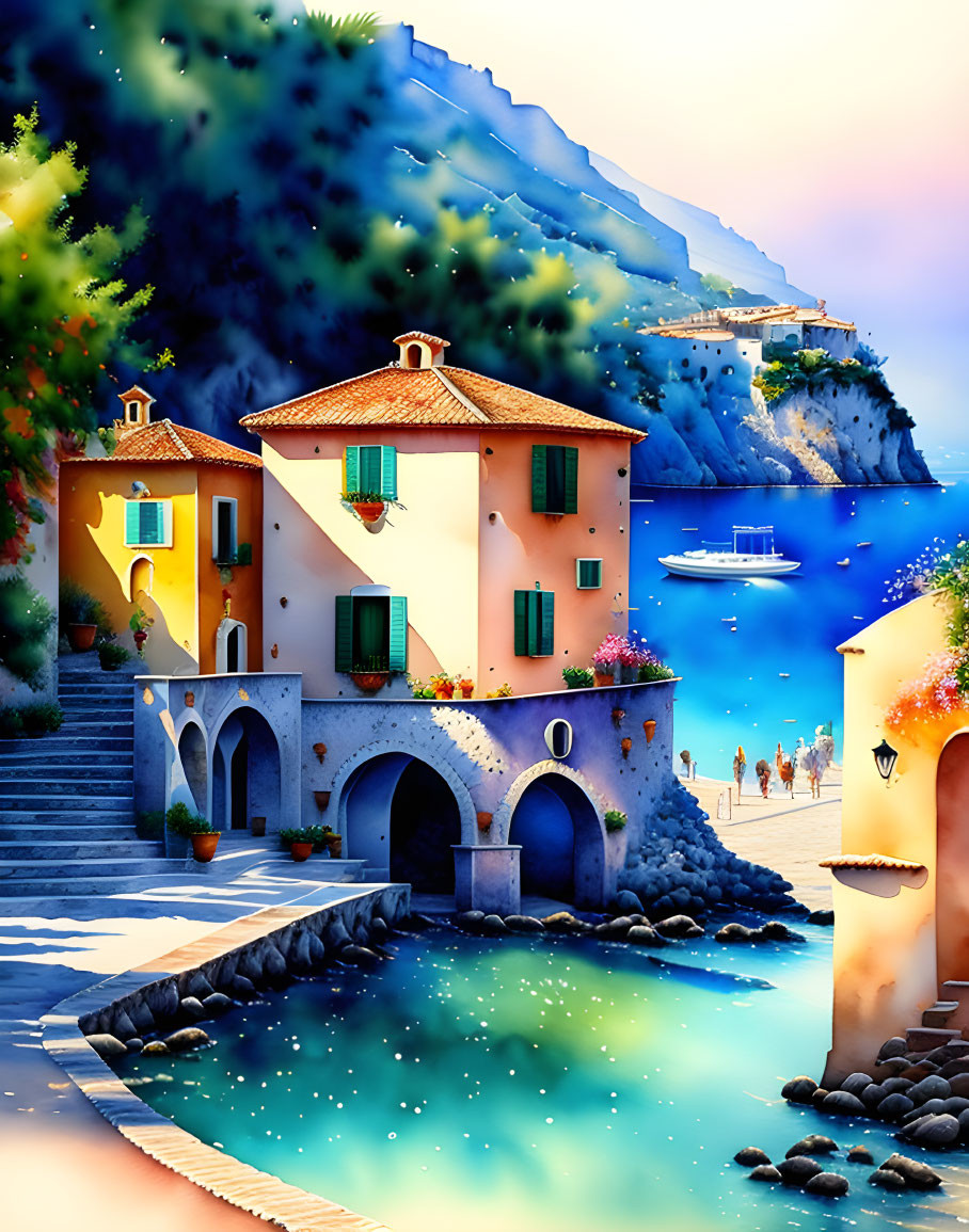 Colorful houses, cobblestone walkway, beach, yacht, cliff, clear blue sky