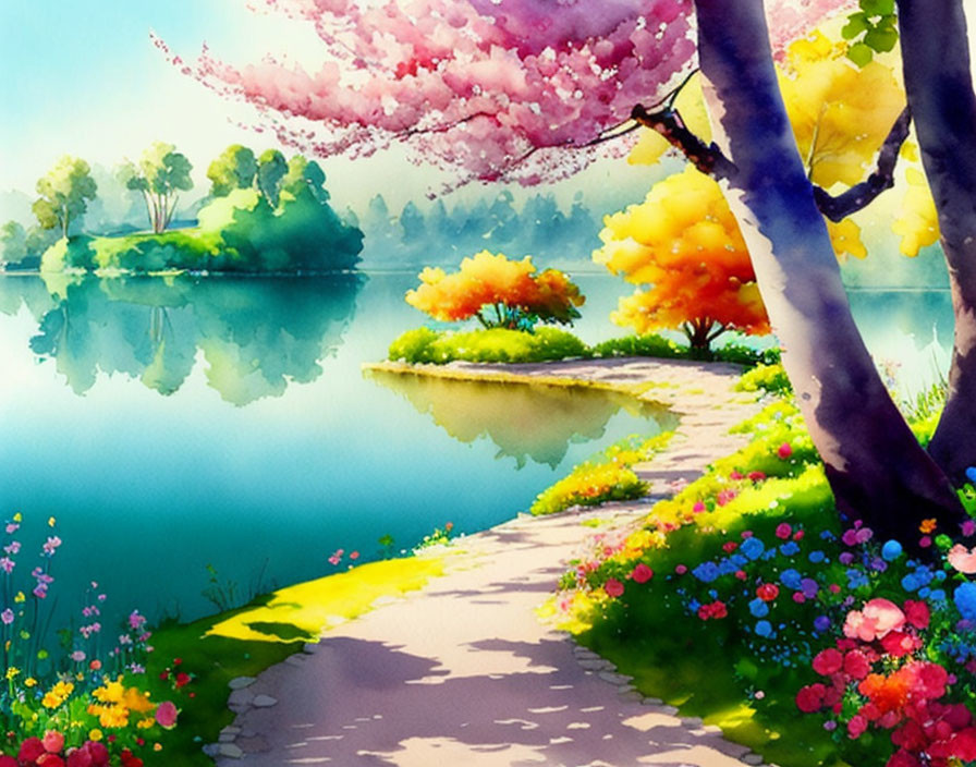 Colorful Watercolor Landscape with Blooming Trees and Serene Lake