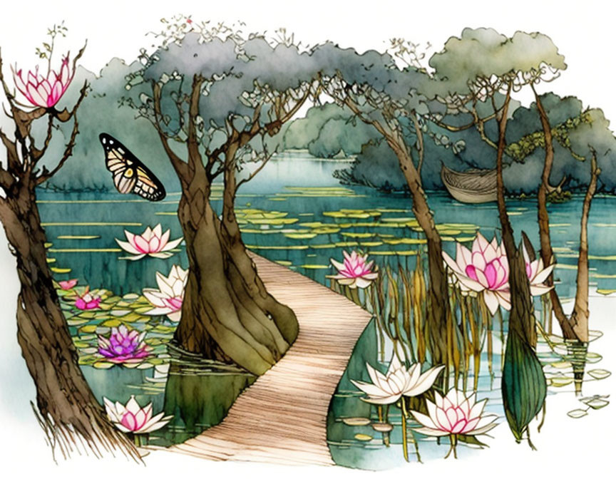 Tranquil pond with wooden pathway, lotus flowers, trees, hammock, butterfly