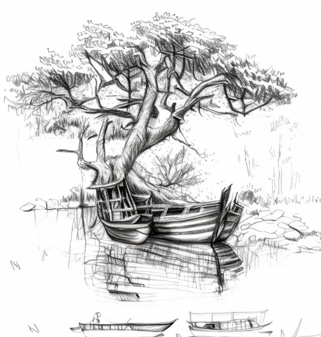 Twisted trees pencil sketch by river with boats and foliage.