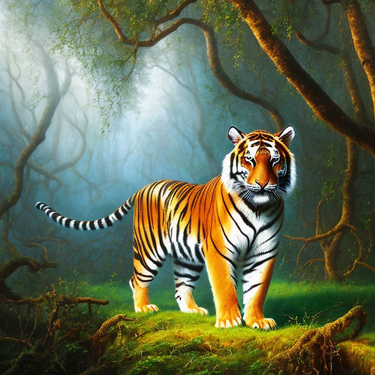 Majestic tiger under ancient tree canopy in misty forest