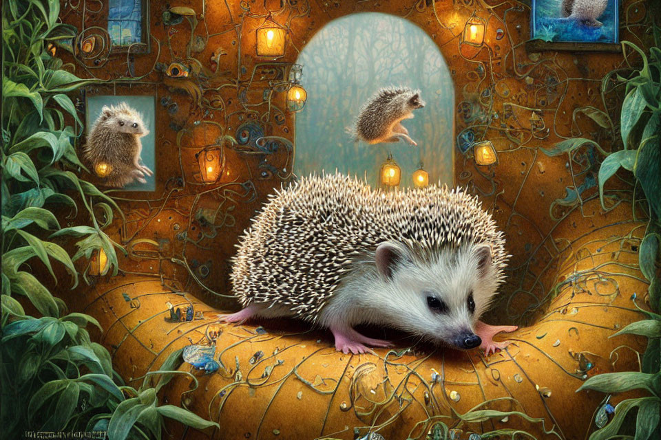 Whimsical hedgehog painting in magical forest setting