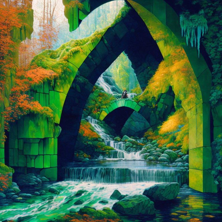 Colorful Fantasy Landscape: Mossy Stone Arch Bridge & Waterfall