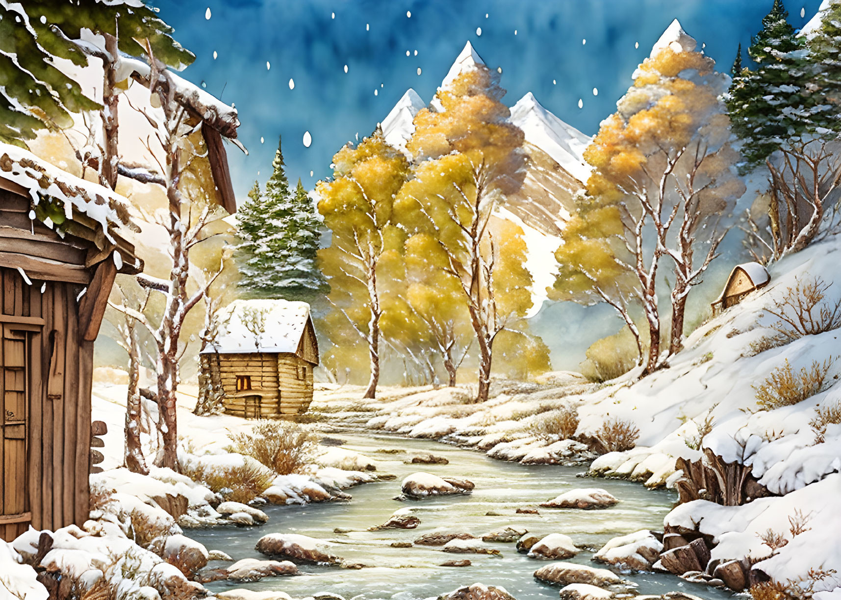 Snow-covered cabins by stream in winter scene