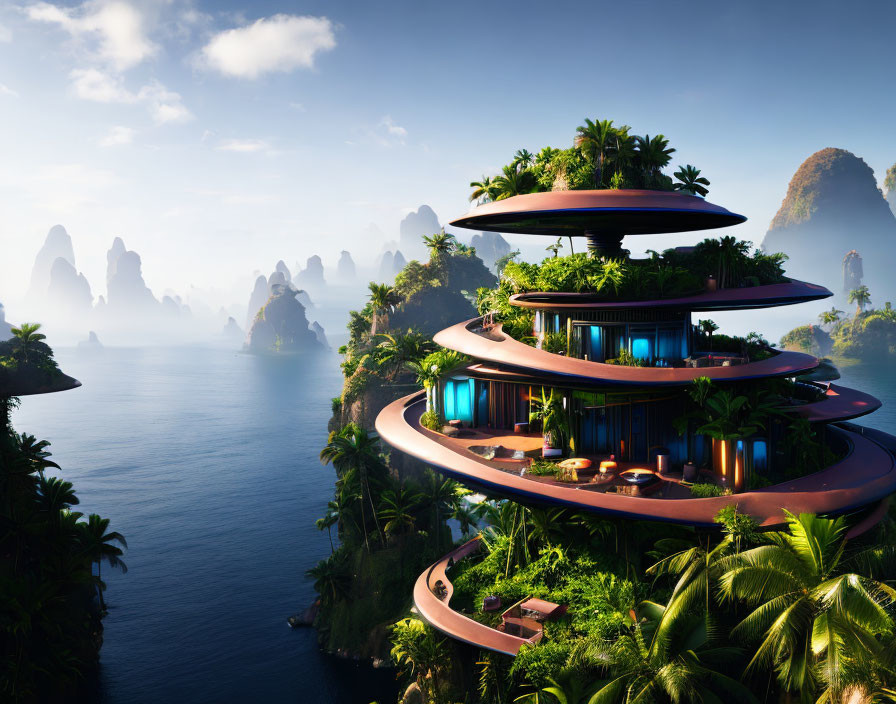 Circular terraced futuristic resort on tropical island with karst formations