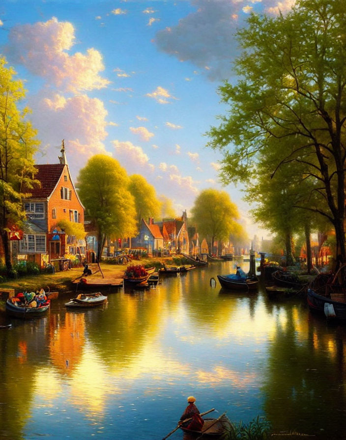 Tranquil canal sunset with boats, houses, trees, and colorful sky