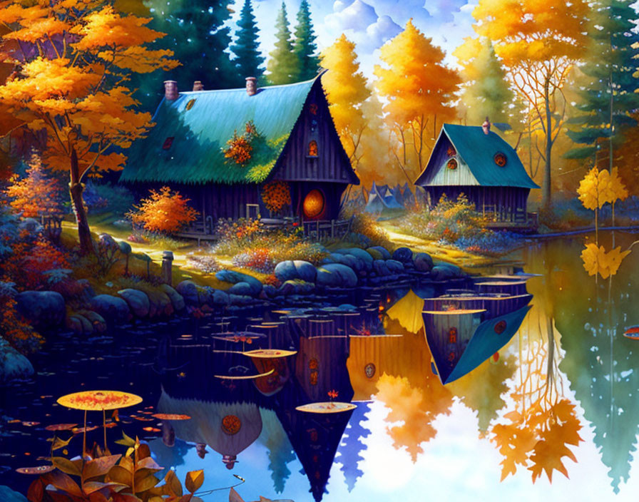 Autumnal lakeside scene with two houses and vibrant trees