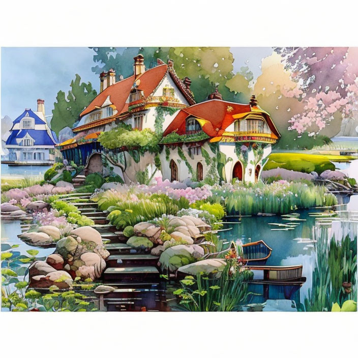 Colorful Cottage Illustration by Serene Lake