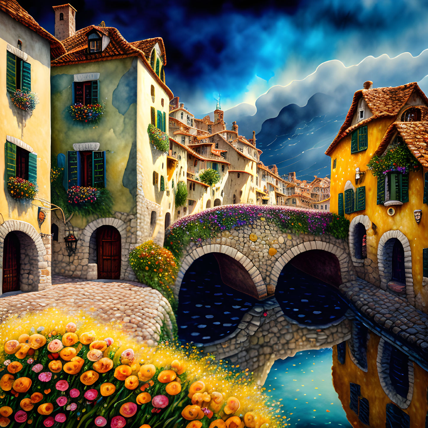Colorful European Village Scene with Cobblestone Bridge and Stormy Sky