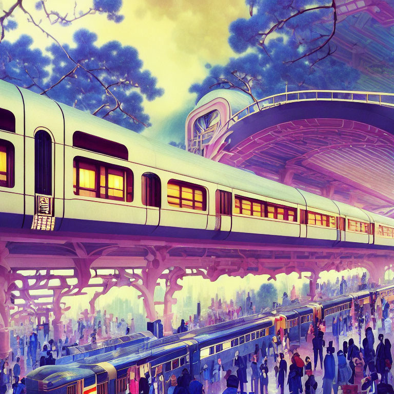 Busy futuristic train station with sleek trains and purple sky