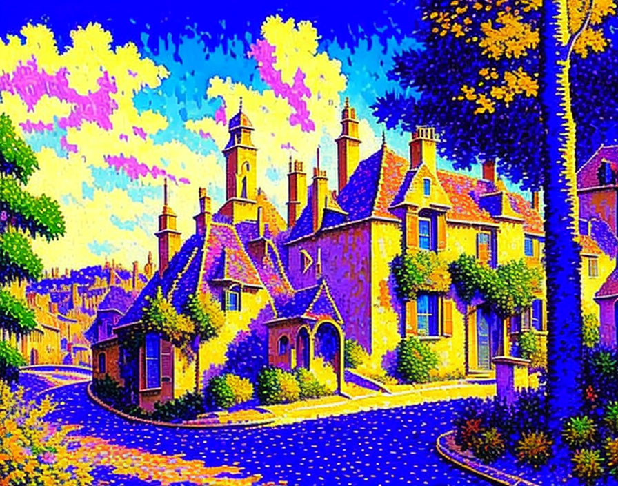 Vibrant painting of colorful village street and sky