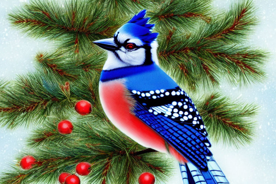 Colorful Blue Jay on Snowy Pine Branches with Red Berries