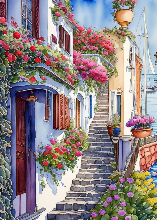 Colorful Watercolor Painting of Charming Street with Blooming Flowers