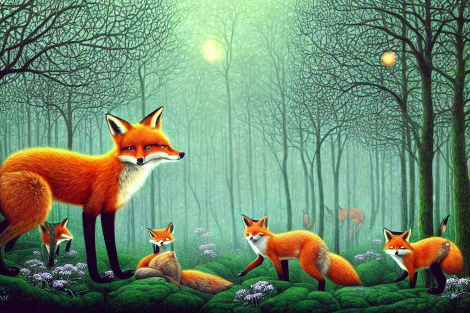 Mystical forest illustration with foxes under a greenish sky
