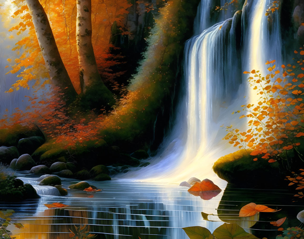 Autumn Waterfall Scene with Vibrant Foliage and Sunlight