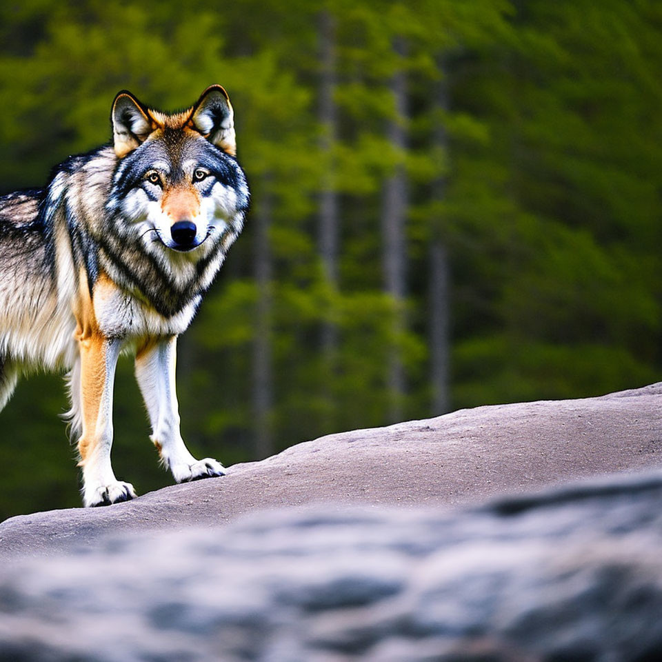 Majestic wolf on rock with vibrant green forest background
