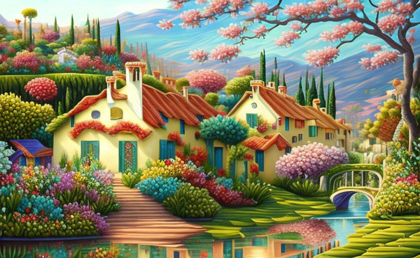 Colorful painting: Whimsical cottages, lush gardens, pond, blooming trees, rolling