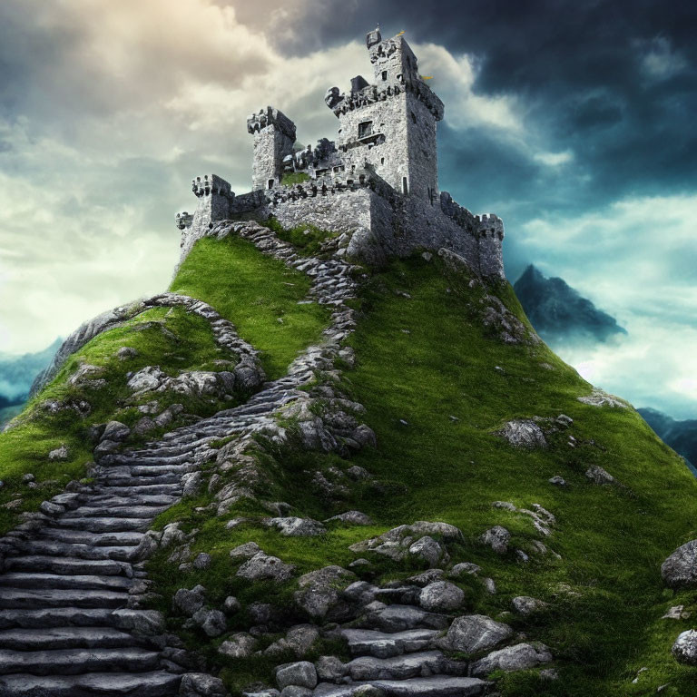Stone castle on green hill with winding staircase under dramatic sky