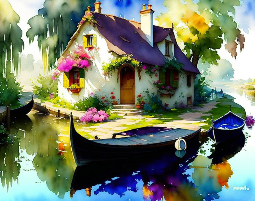 Scenic watercolor painting of cottage by canal with boat