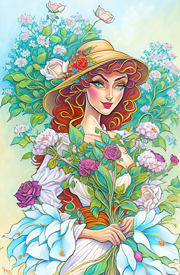 Stylized woman with wide-brimmed hat and bouquet among colorful flowers