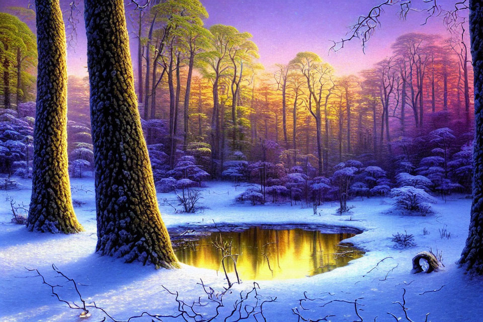 Snow-covered winter forest with illuminated pond and tall trees at twilight