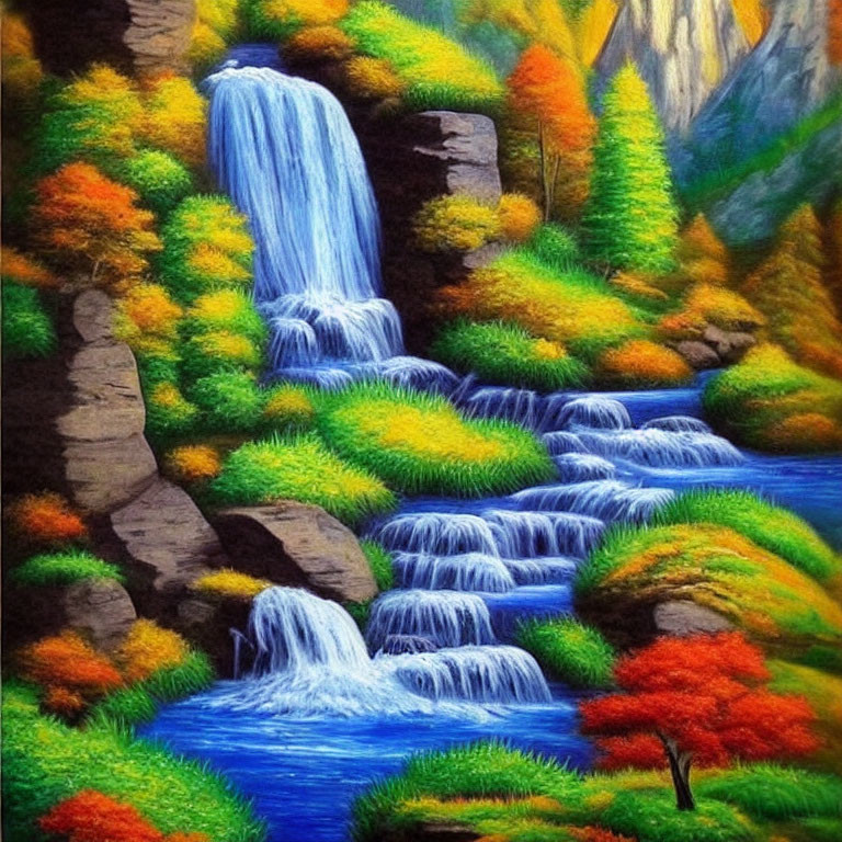 Colorful Autumn Waterfall Painting with Rock Formations