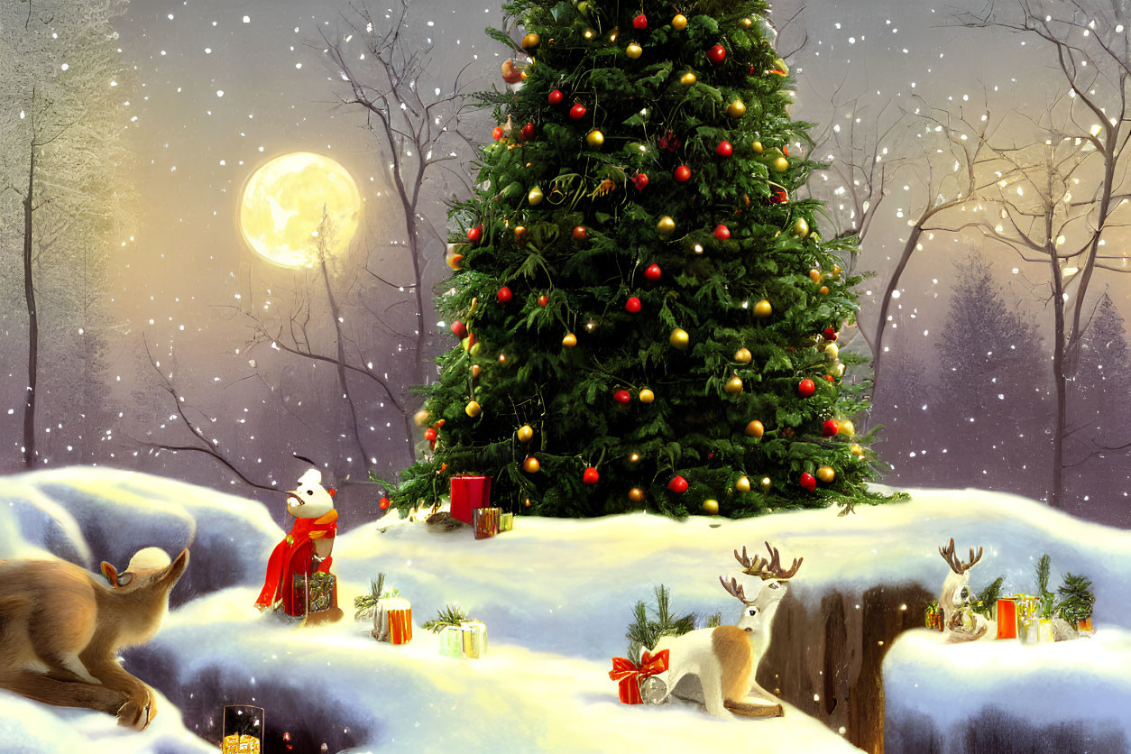 Winter Wonderland: Christmas tree, animals, and gifts in snowy night scene