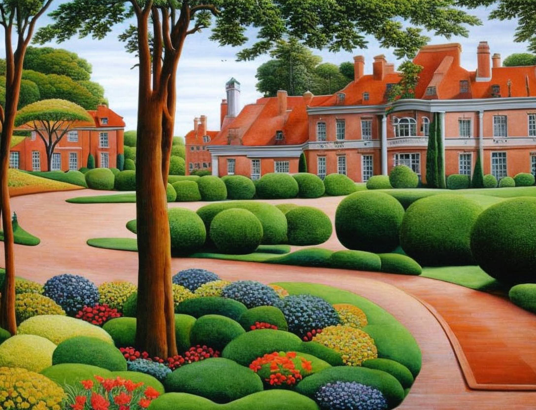 Vibrant painting of formal garden with red-brick mansion