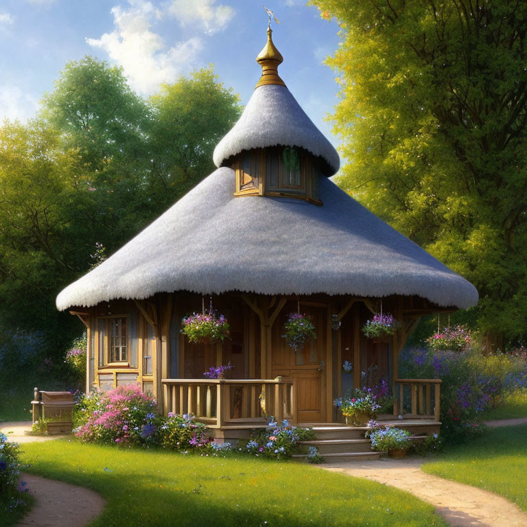 Thatched roof wooden cottage in sunlit forest glade