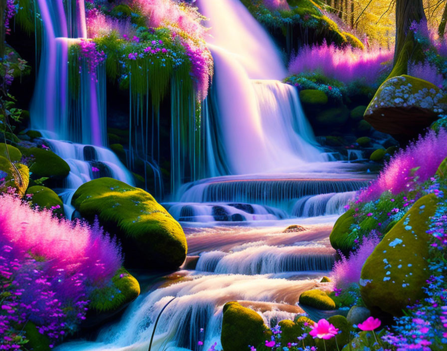 Scenic waterfall with purple flowers and lush greenery