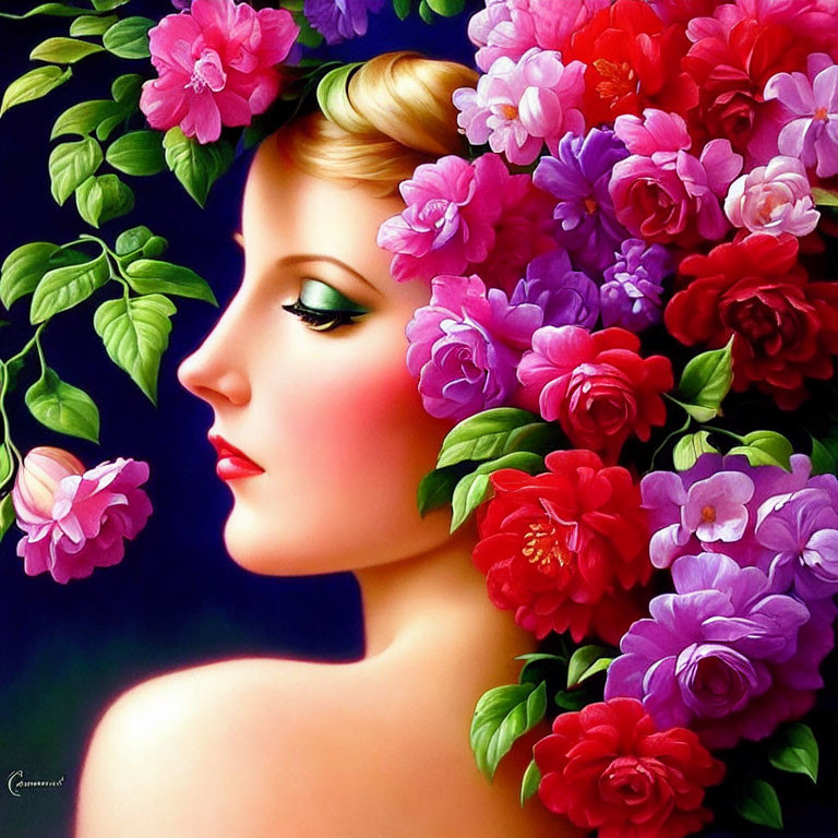 Blonde Woman Portrait with Pink and Red Flowers on Dark Background