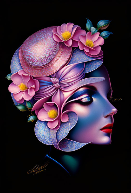 Colorful profile portrait of a woman with floral hat on black background