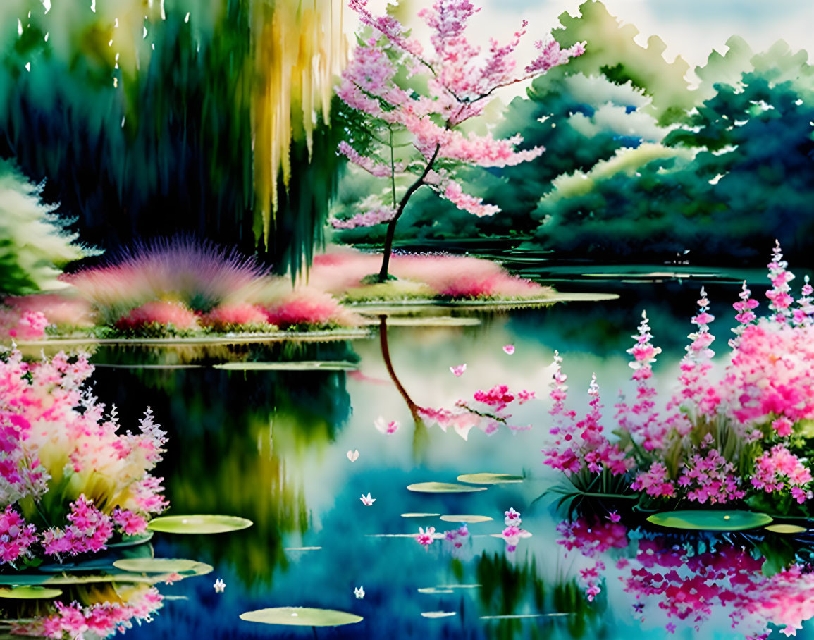 Tranquil Cherry Tree Landscape with Pond and Forest