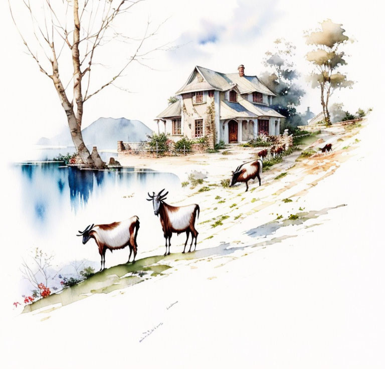 Scenic lakeside watercolor with house, trees, and grazing goats