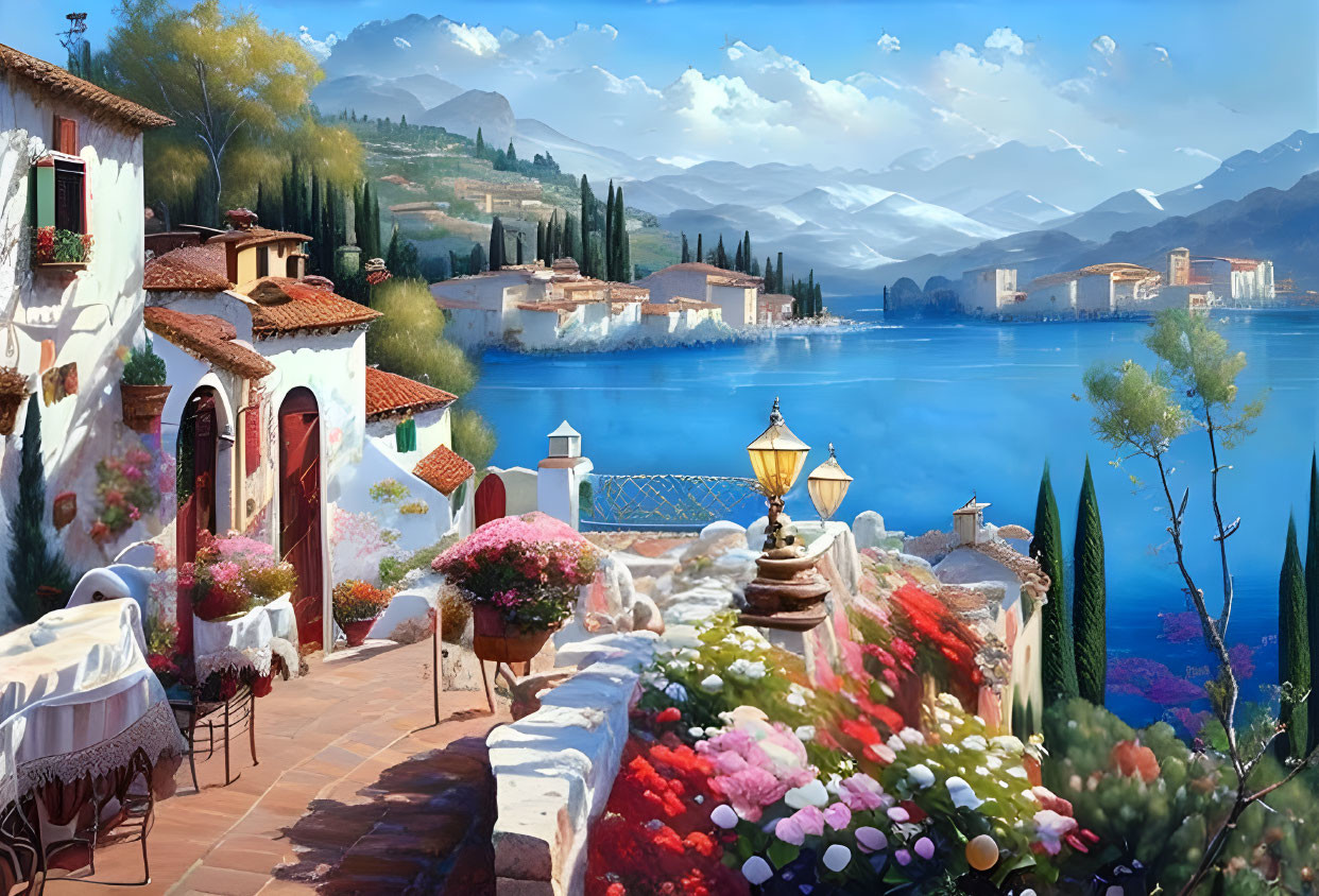 Scenic lakeside view with mountains, terrace flowers, and lamp post