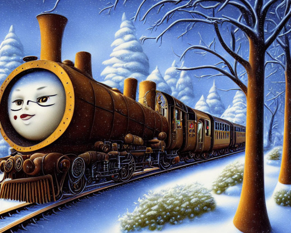 Anthropomorphic steam train in snowy night landscape