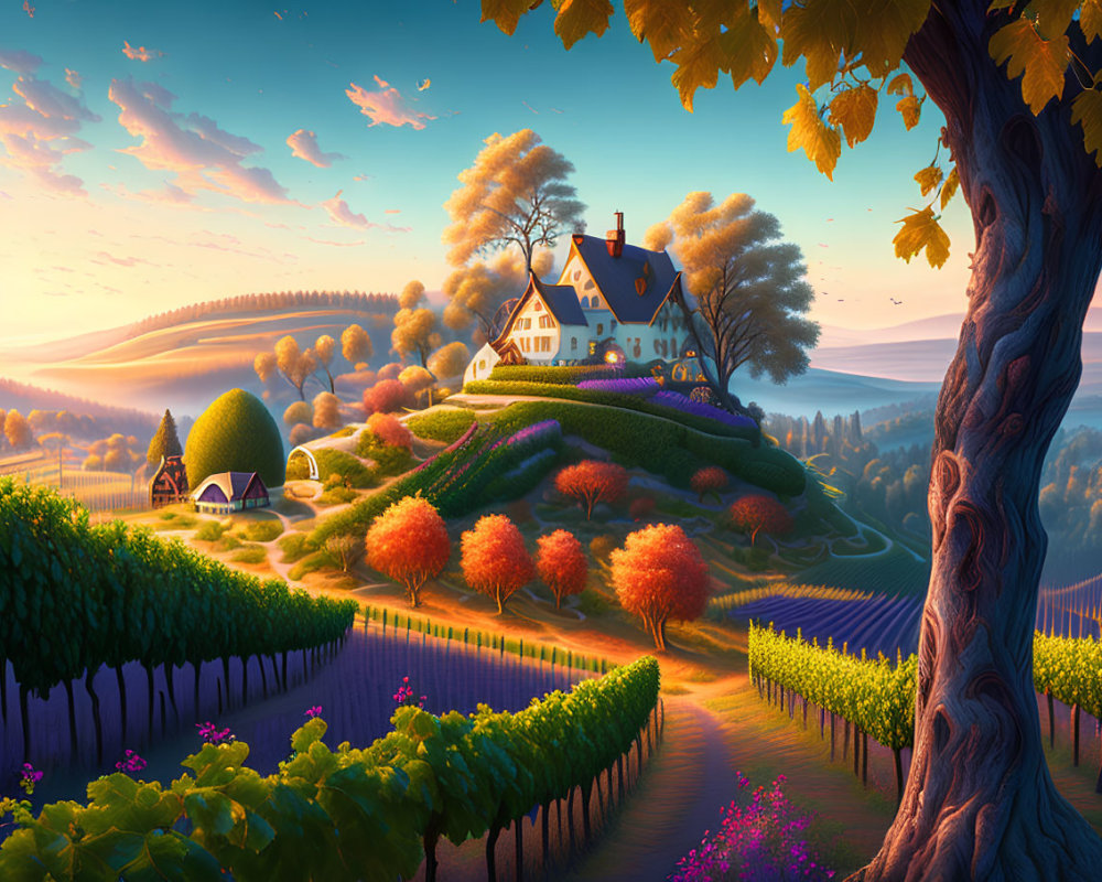 Charming countryside scene with colorful trees and vineyards