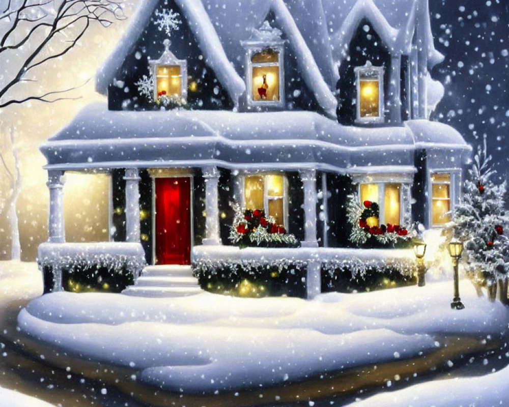 Snow-covered house with festive decorations and warm lights in a gentle snowfall
