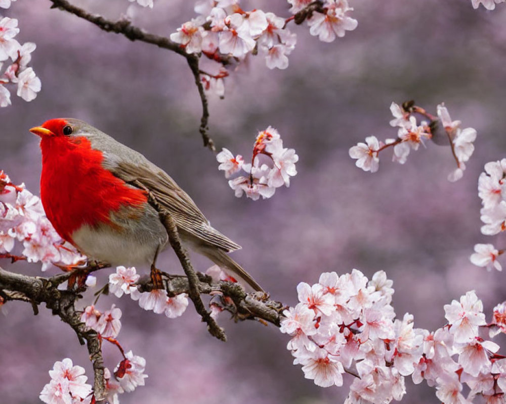 Red-throated bird on branch with pink cherry blossoms