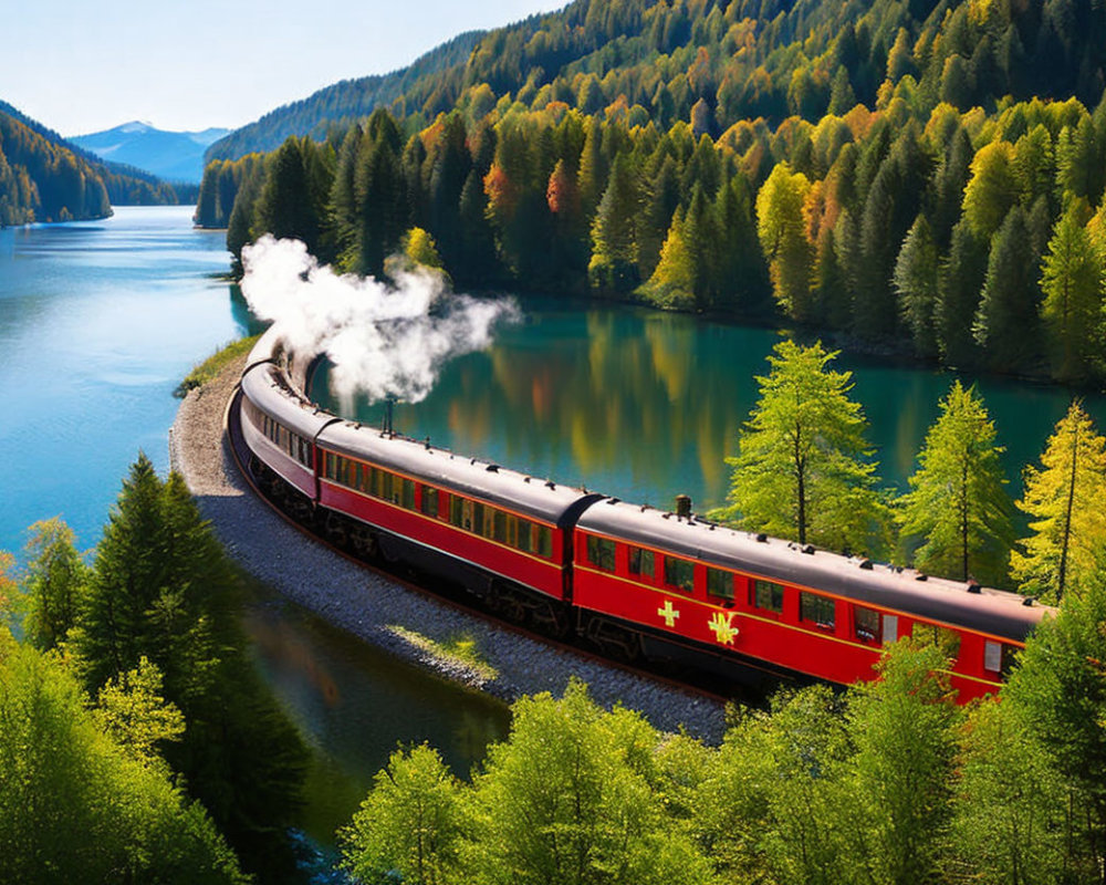 Vintage Red Train Travels Along Curved Track by Calm Blue Lake