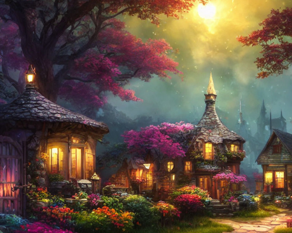 Fairytale village with cozy cottages and blooming flowers