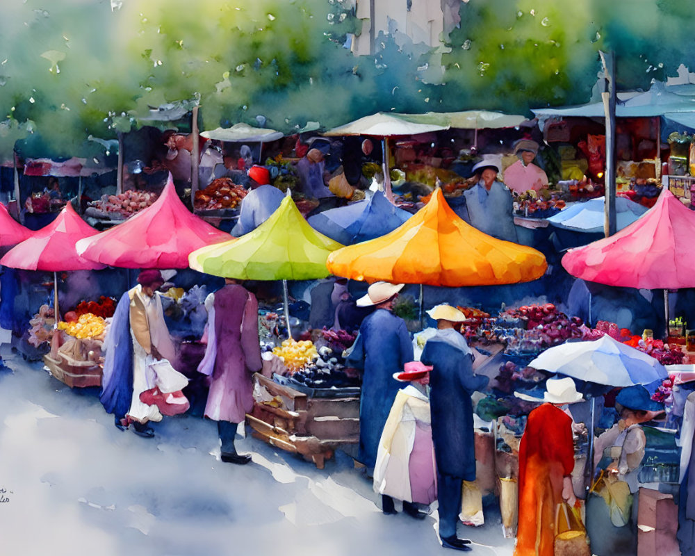 Vibrant outdoor market scene with colorful umbrellas and fruit stands in watercolor style