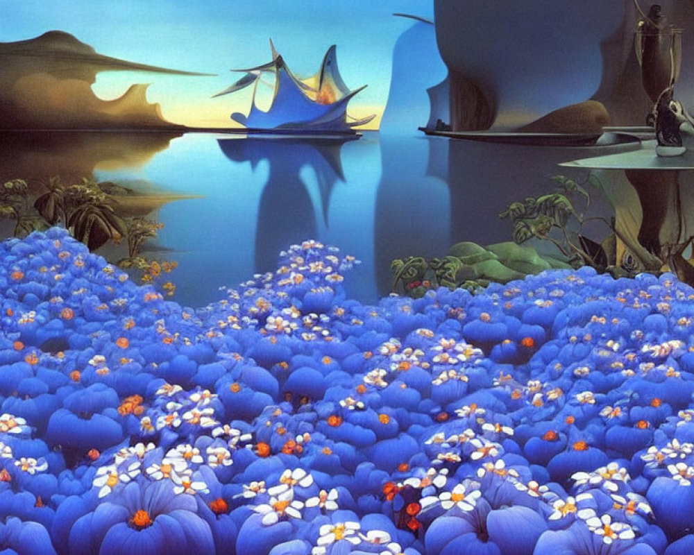 Surreal painting of blue flowers, ships, and cliffs under twilight sky