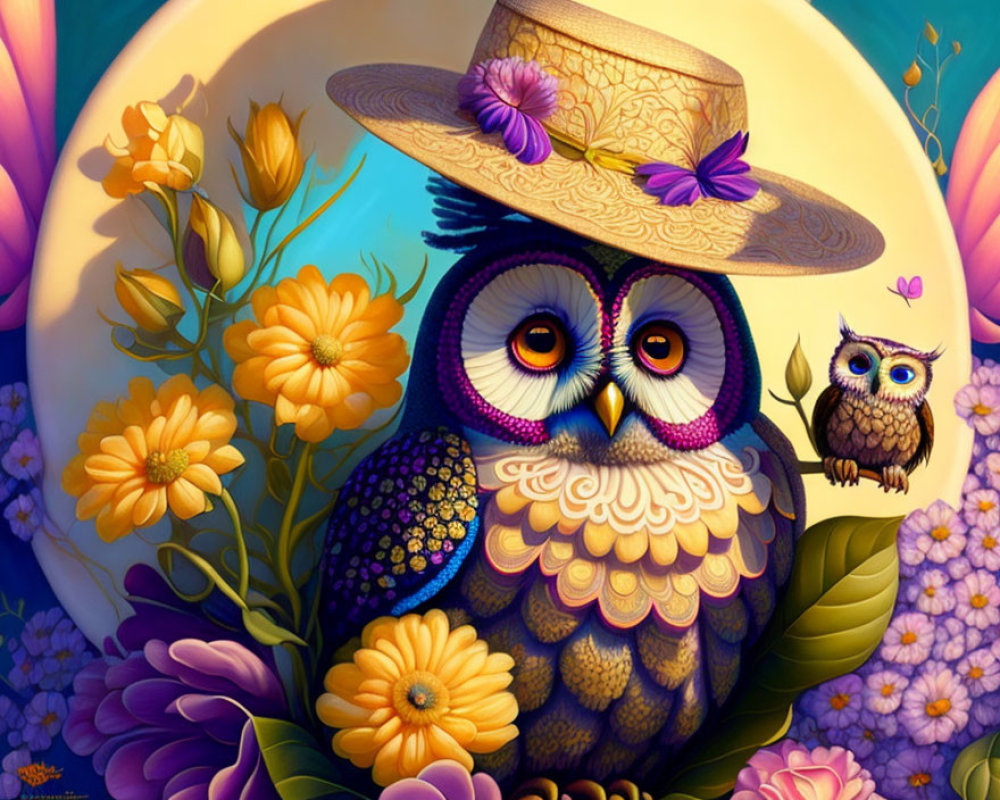 Vibrant owl illustration with stylish hat and moonlit background
