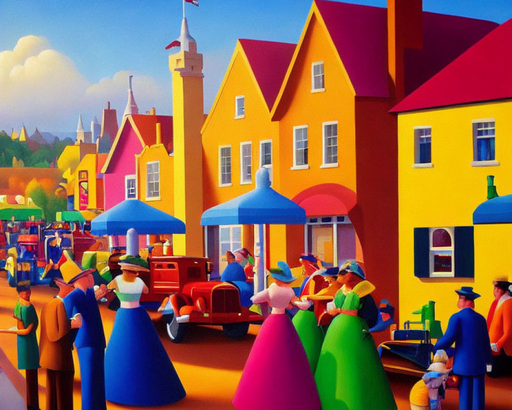 Colorful Stylized Town Scene with Victorian Figures & Vintage Cars